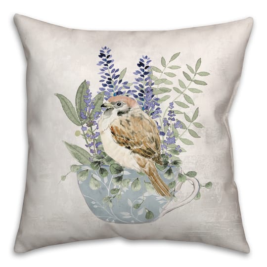 Floral Bird in Tea Cup Throw Pillow